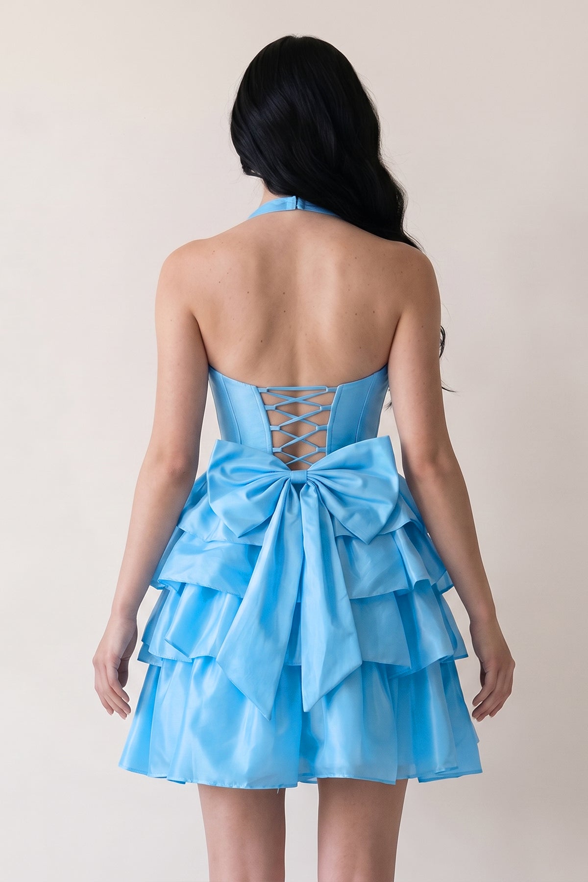 Yellow - Halter A Line Ruffles Satin Wedding Guest Dress With Bow - Curvevia