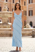 Sky Blue Halter Sheath Satin Backless Long Wedding Guest Dress With Ruffles - Curvevia