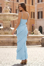 Sky Blue Halter Sheath Satin Backless Long Wedding Guest Dress With Ruffles - Curvevia