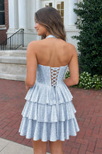 Yellow Halter Tiered Satin A-Line Corset Homecoming Dress With Pearl - Curvevia