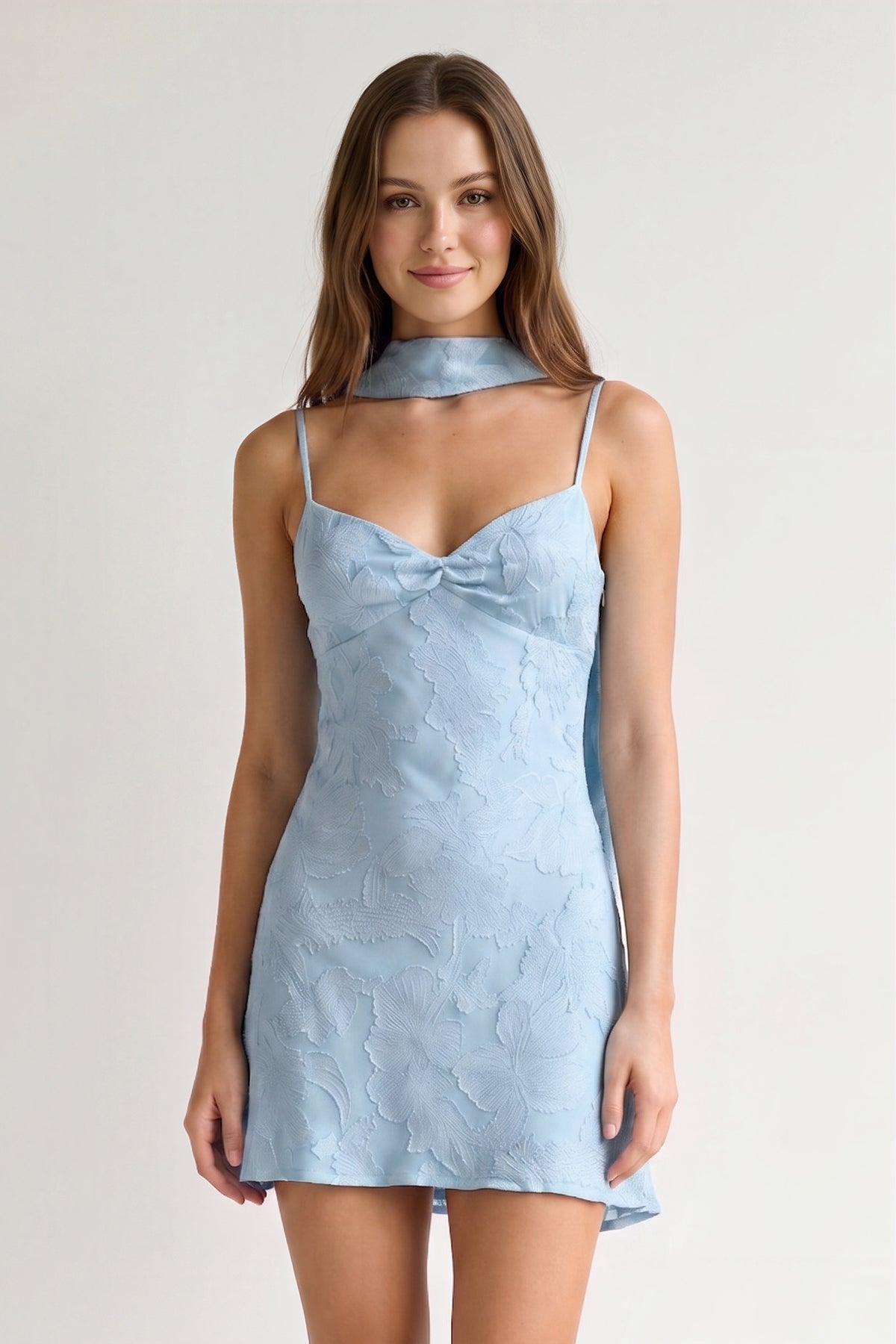Red Jacquard Chiffon Cami Straps Sheath Homecoming Dress with Scarf - Curvevia