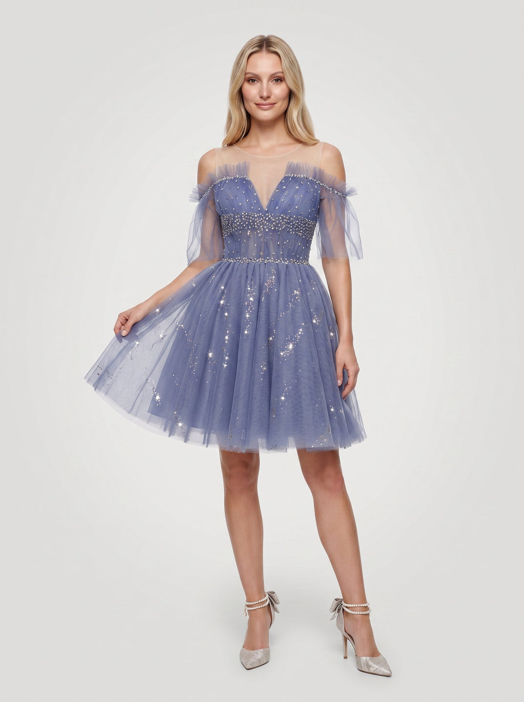 Purple Tulle A-Line V-Neck Criss-Cross Straps Short Dress with Beading - Curvevia