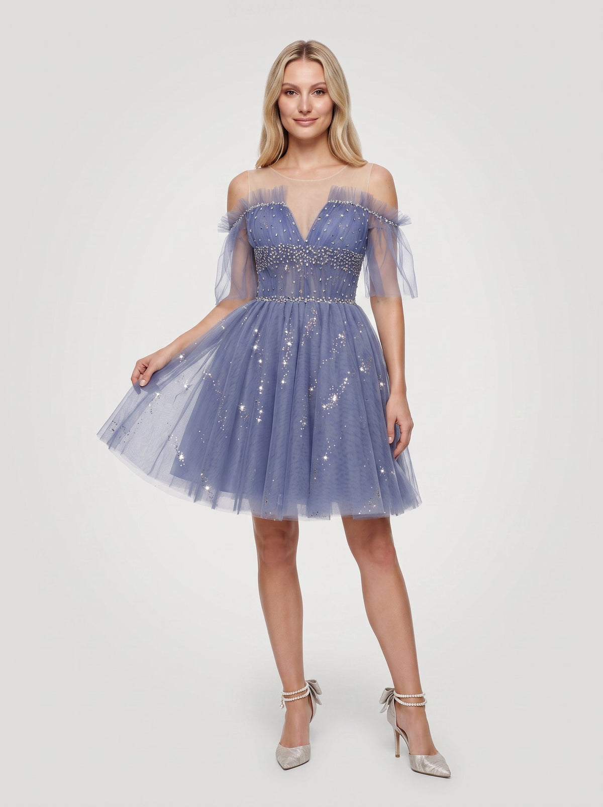 Purple Tulle A-Line V-Neck Criss-Cross Straps Short Dress with Beading - Curvevia