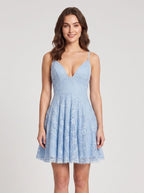 Sky Blue Lace A-Line V-Neck Lace-up Short Dress with Empire Waist - Curvevia