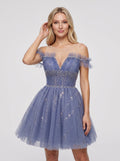 Purple Tulle A-Line V-Neck Criss-Cross Straps Short Dress with Beading - Curvevia