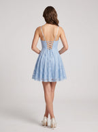 Sky Blue Lace A-Line V-Neck Lace-up Short Dress with Empire Waist - Curvevia