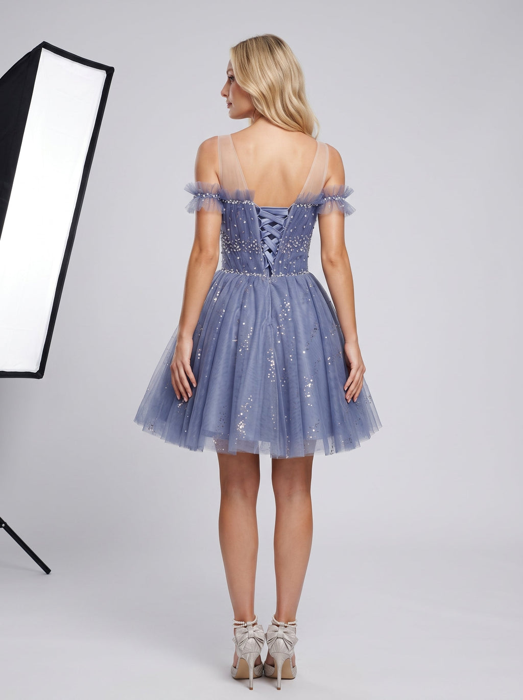 Purple Tulle A-Line V-Neck Criss-Cross Straps Short Dress with Beading - Curvevia