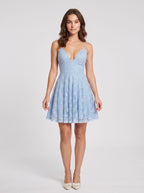 Sky Blue Lace A-Line V-Neck Lace-up Short Dress with Empire Waist - Curvevia