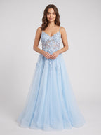 Sky Blue Lace A-Line V-Neck Back Zip Floor-Length Dress with Appliques - Curvevia