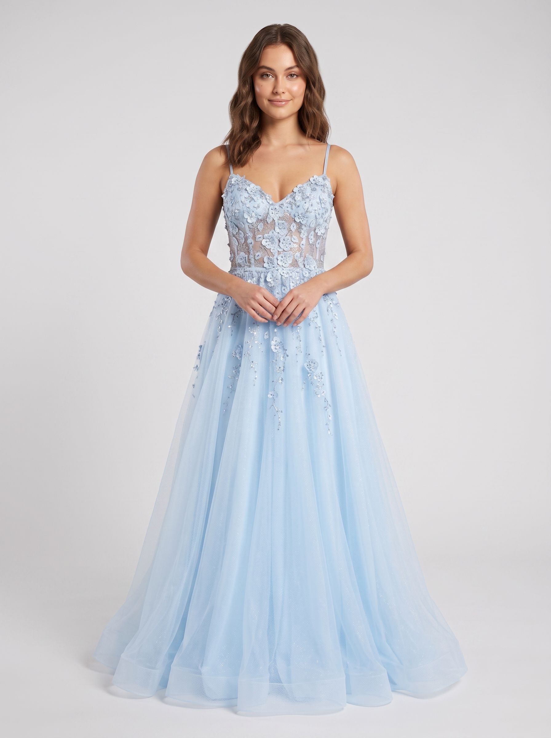 Sky Blue Lace A-Line V-Neck Back Zip Floor-Length Dress with Appliques - Curvevia