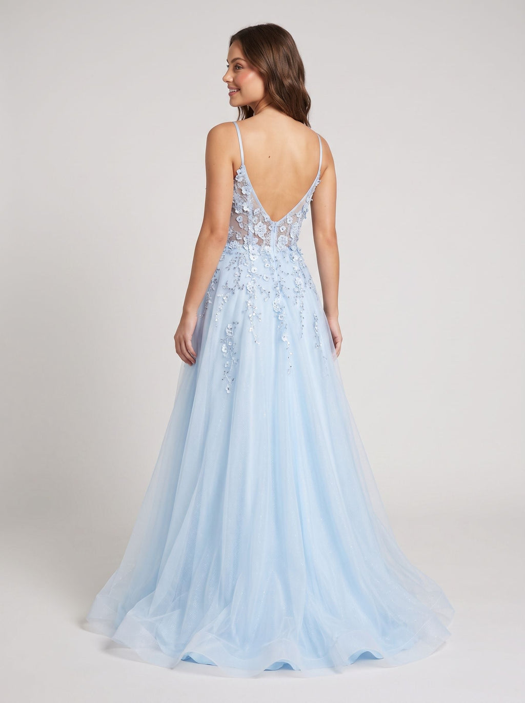 Sky Blue Lace A-Line V-Neck Back Zip Floor-Length Dress with Appliques - Curvevia