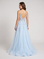 Sky Blue Lace A-Line V-Neck Back Zip Floor-Length Dress with Appliques - Curvevia