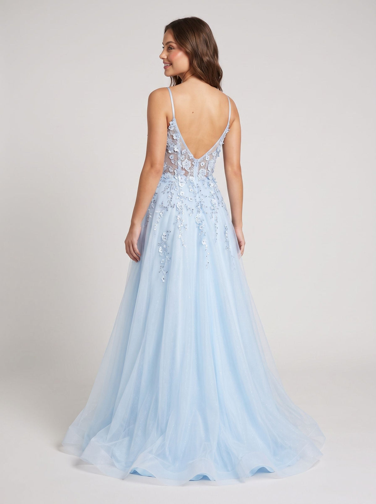 Sky Blue Lace A-Line V-Neck Back Zip Floor-Length Dress with Appliques - Curvevia
