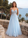 Sky Blue Lace A-Line V-Neck Back Zip Floor-Length Dress with Appliques - Curvevia