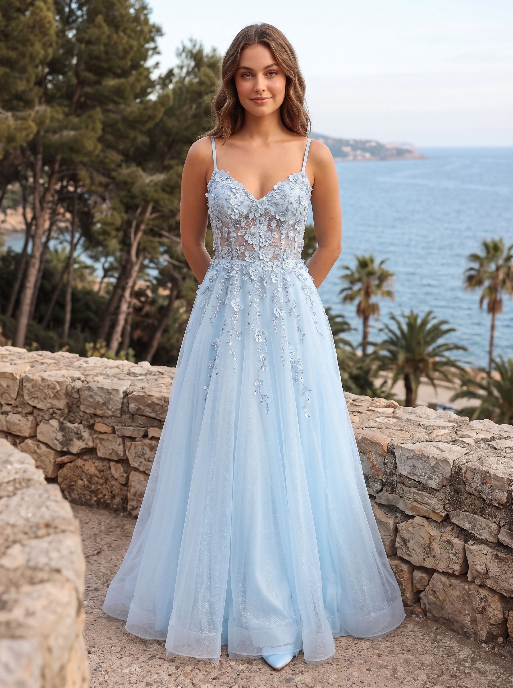 Sky Blue Lace A-Line V-Neck Back Zip Floor-Length Dress with Appliques - Curvevia