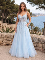 Sky Blue Lace A-Line V-Neck Back Zip Floor-Length Dress with Appliques - Curvevia