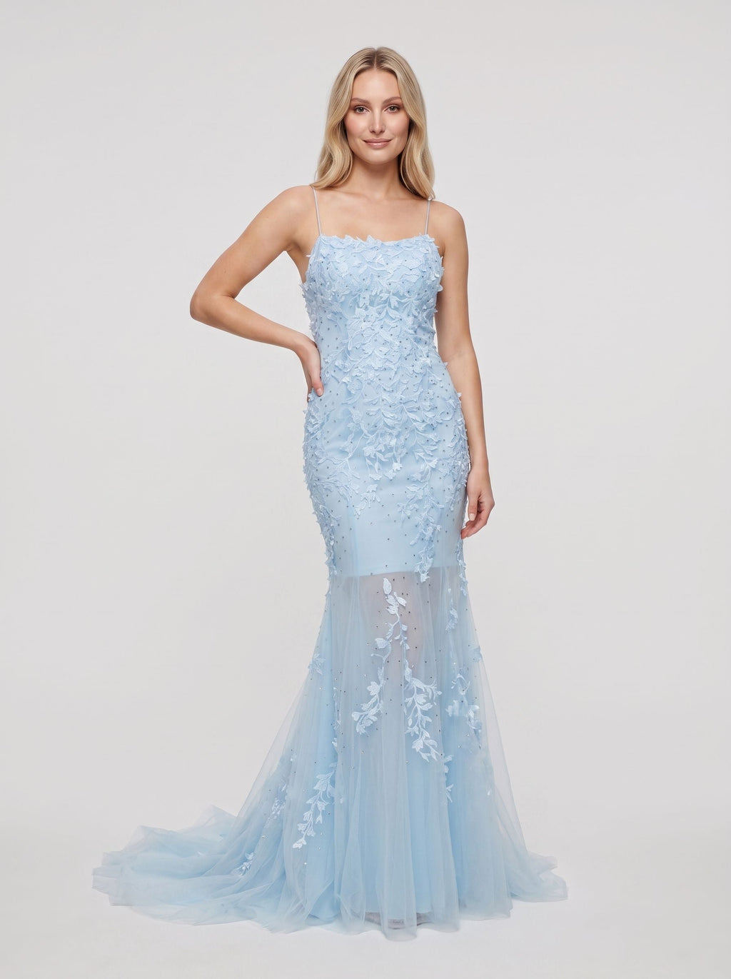 Sky Blue Tulle Mermaid Straight Neck Lace-up Floor-Length Dress with Beading - Curvevia