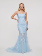 Sky Blue Tulle Mermaid Straight Neck Lace-up Floor-Length Dress with Beading - Curvevia