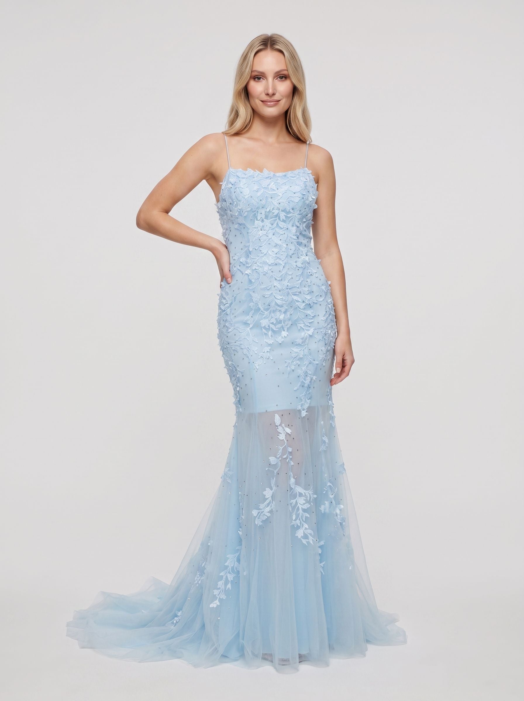Sky Blue Tulle Mermaid Straight Neck Lace-up Floor-Length Dress with Beading - Curvevia