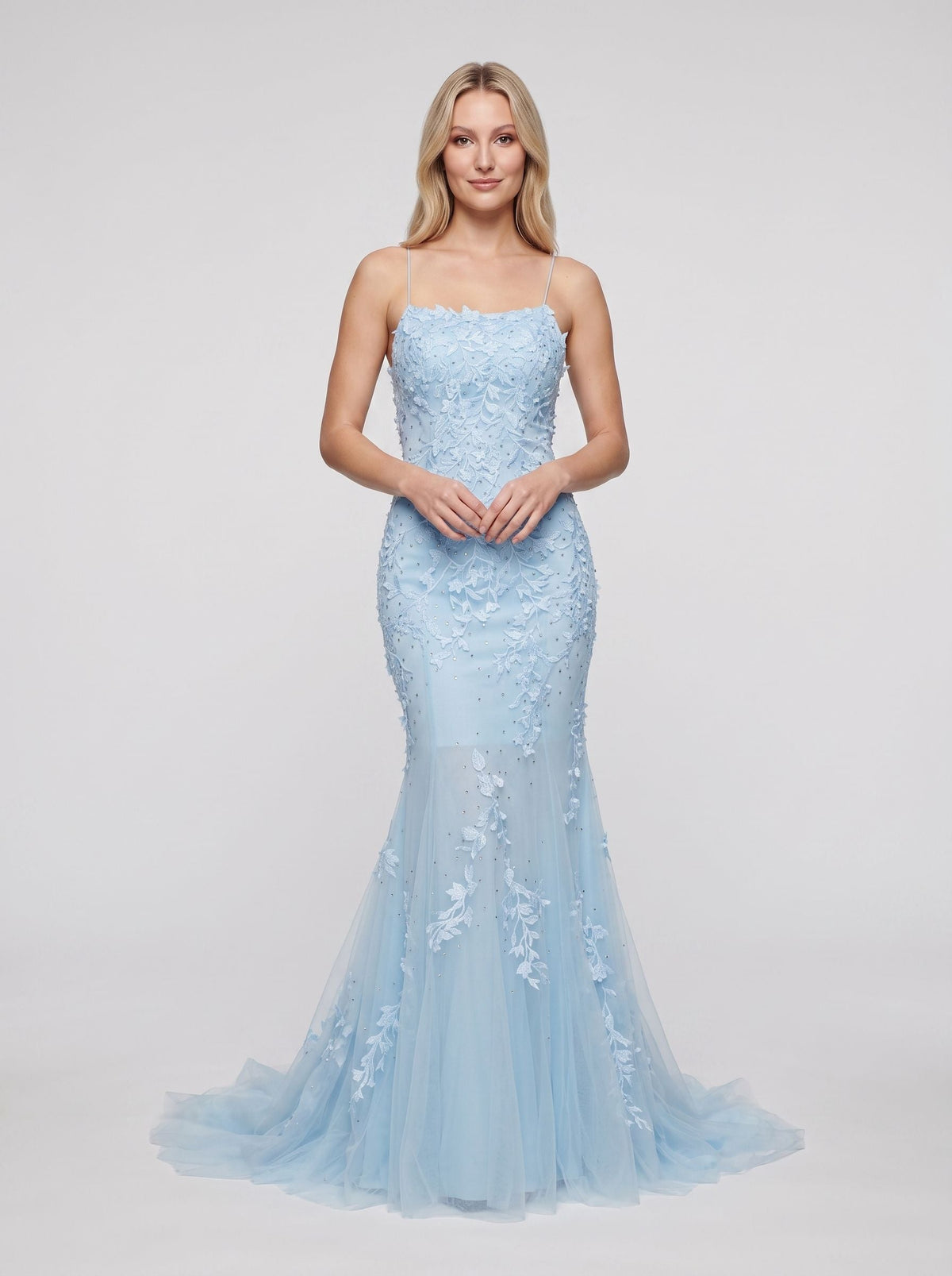 Sky Blue Tulle Mermaid Straight Neck Lace-up Floor-Length Dress with Beading - Curvevia