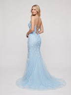 Sky Blue Tulle Mermaid Straight Neck Lace-up Floor-Length Dress with Beading - Curvevia