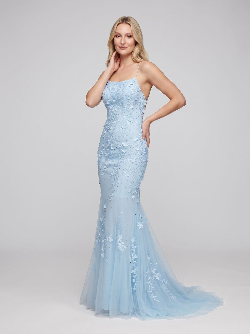 Sky Blue Tulle Mermaid Straight Neck Lace-up Floor-Length Dress with Beading - Curvevia
