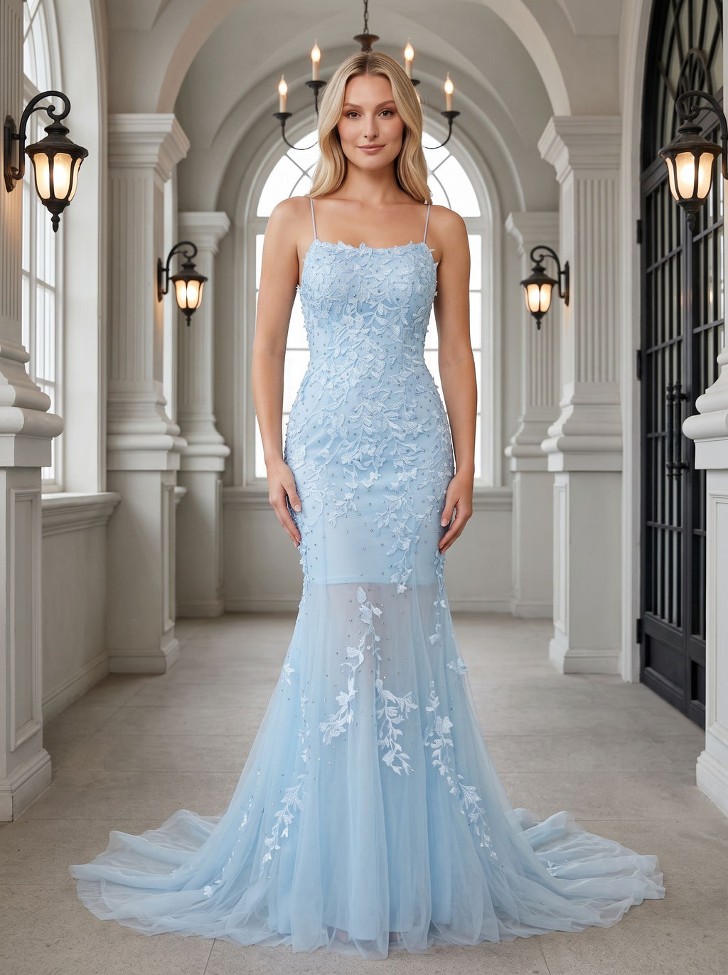 Sky Blue Tulle Mermaid Straight Neck Lace-up Floor-Length Dress with Beading - Curvevia