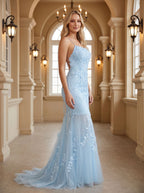 Sky Blue Tulle Mermaid Straight Neck Lace-up Floor-Length Dress with Beading - Curvevia