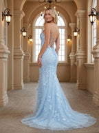 Sky Blue Tulle Mermaid Straight Neck Lace-up Floor-Length Dress with Beading - Curvevia