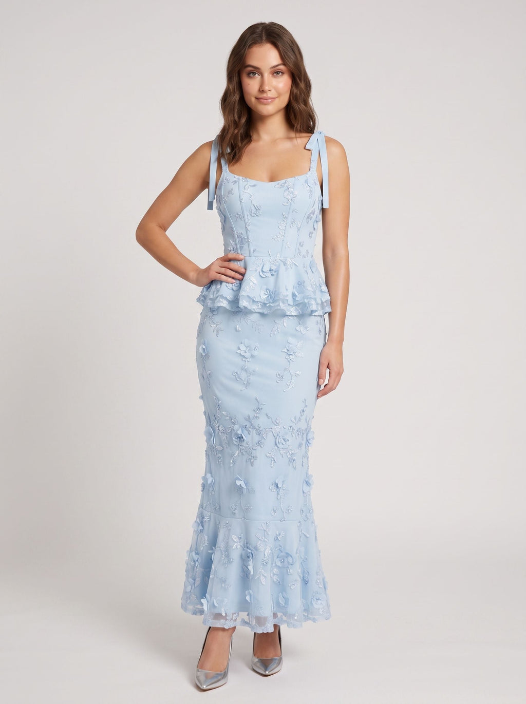 Sky Blue Lace Mermaid Square Neck Back Zip Midi Dress with 3D Flowers - Curvevia