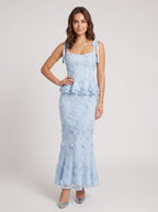 Sky Blue Lace Mermaid Square Neck Back Zip Midi Dress with 3D Flowers - Curvevia