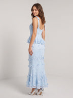 Sky Blue Lace Mermaid Square Neck Back Zip Midi Dress with 3D Flowers - Curvevia