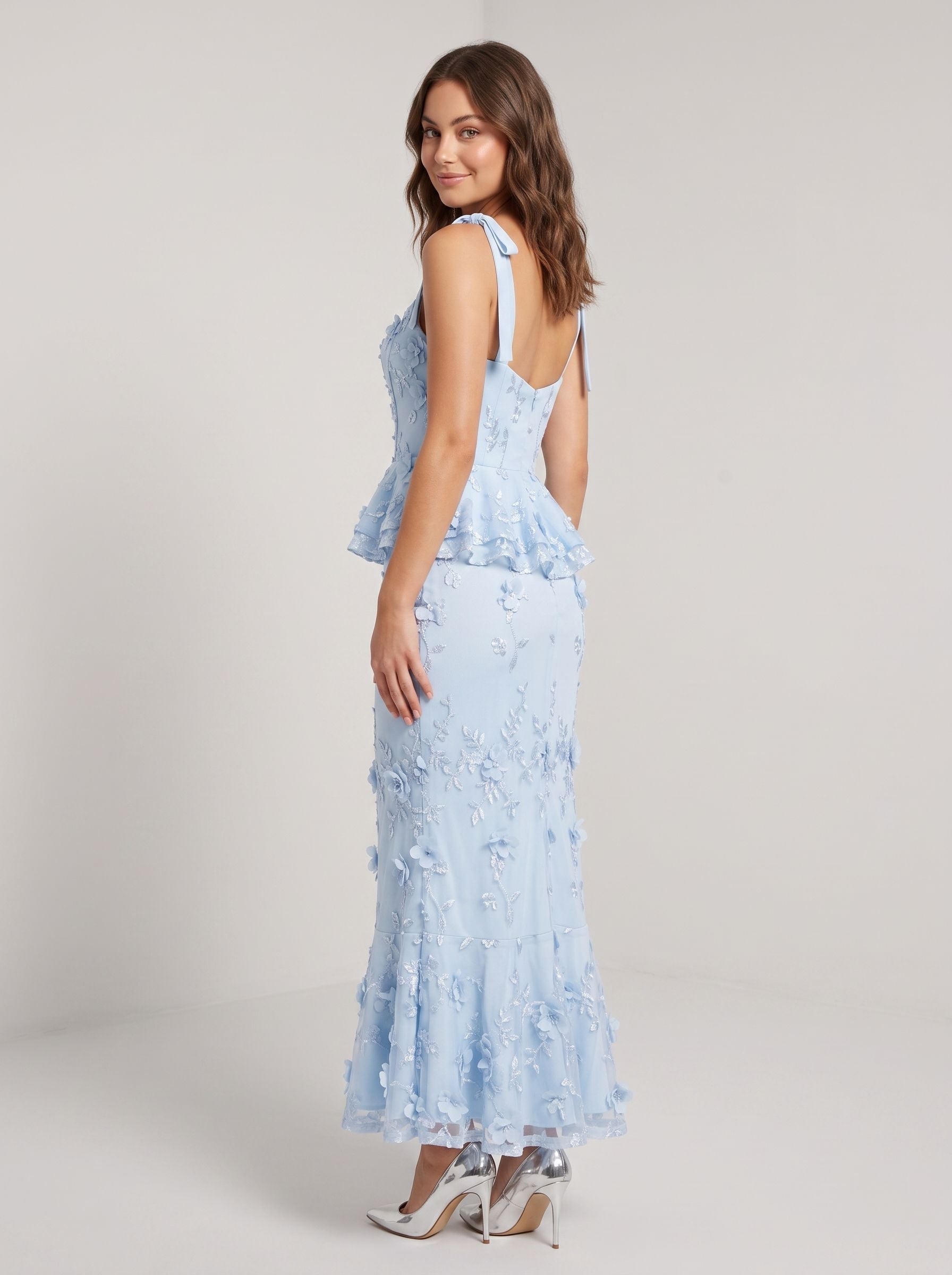 Sky Blue Lace Mermaid Square Neck Back Zip Midi Dress with 3D Flowers - Curvevia
