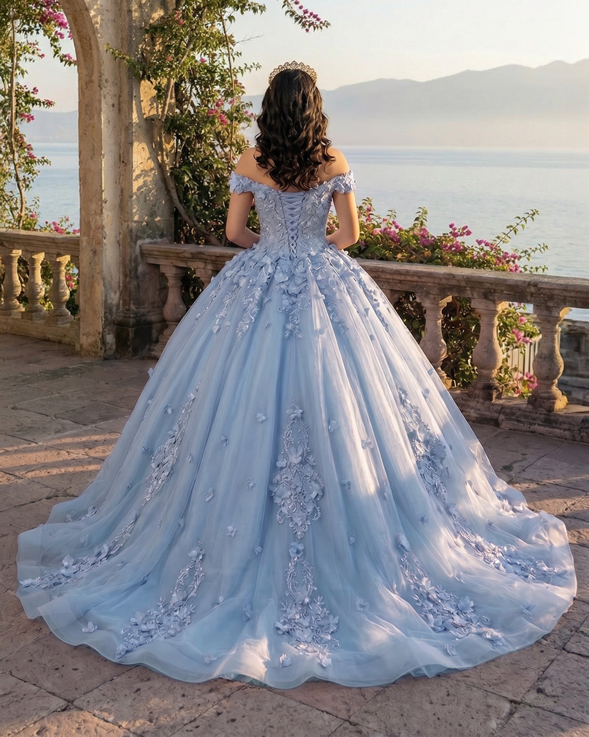 Lace Sky Blue Off the Shoulder Ball Gown Quinceanera Dresses - Curvevia