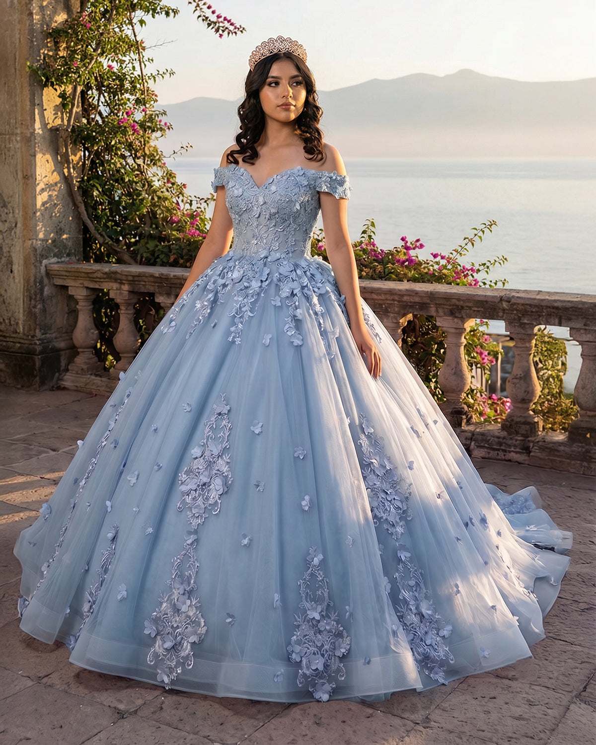 Lace Sky Blue Off the Shoulder Ball Gown Quinceanera Dresses - Curvevia