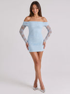 Sky Blue Lace Sheath Off-the-Shoulder Back Zip Mini Dress with Sheer Sleeves - Curvevia