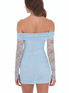 Sky Blue Lace Sheath Off-the-Shoulder Back Zip Mini Dress with Sheer Sleeves - Curvevia