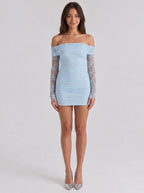 Sky Blue Lace Sheath Off-the-Shoulder Back Zip Mini Dress with Sheer Sleeves - Curvevia