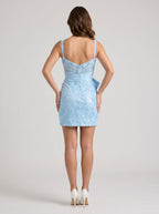 Sky Blue Lace Sheath Sweetheart Back Zip Short Dress with Bowknot - Curvevia