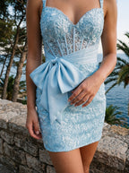 Sky Blue Lace Sheath Sweetheart Back Zip Short Dress with Bowknot - Curvevia
