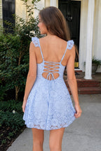 Sky Blue Lace Sweetheart A-Line Ruffled Short Homecoming Dress - Curvevia