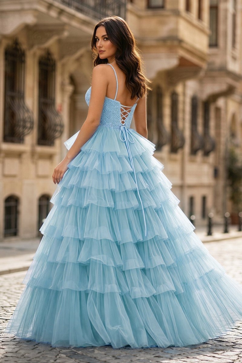 Spaghetti Straps Sweetheart Layered Tulle Formal Prom Dress with Slit - Curvevia