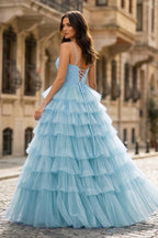 Spaghetti Straps Sweetheart Layered Tulle Formal Prom Dress with Slit - Curvevia