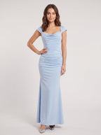 Sky Blue Matte Satin Column Cowl Neck Back Zip Floor-Length Dress with Cap Sleeves - Curvevia