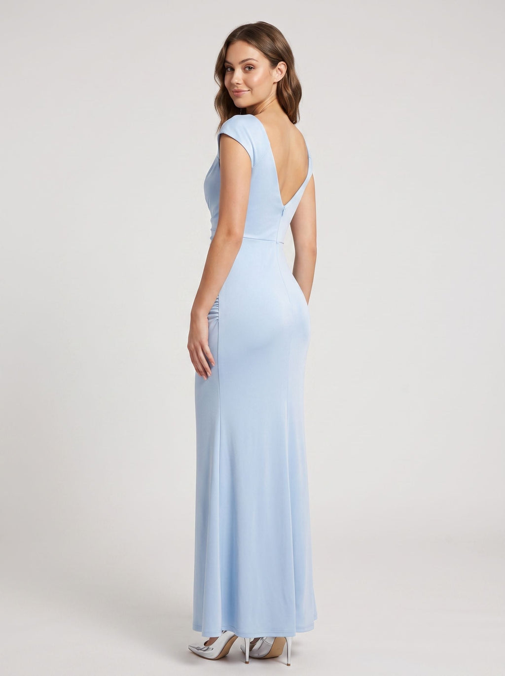 Sky Blue Matte Satin Column Cowl Neck Back Zip Floor-Length Dress with Cap Sleeves - Curvevia