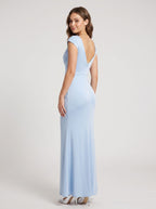 Sky Blue Matte Satin Column Cowl Neck Back Zip Floor-Length Dress with Cap Sleeves - Curvevia