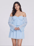 Sky Blue Mesh A-Line Off-the-Shoulder Backless Short Dress with Ruffles - Curvevia