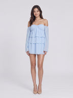 Sky Blue Mesh A-Line Off-the-Shoulder Backless Short Dress with Ruffles - Curvevia