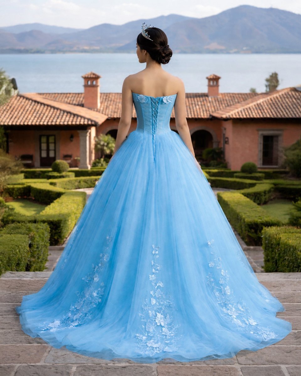 Sky Blue Tulle 3D Flowers Quinceanera Dresses With Train - Curvevia