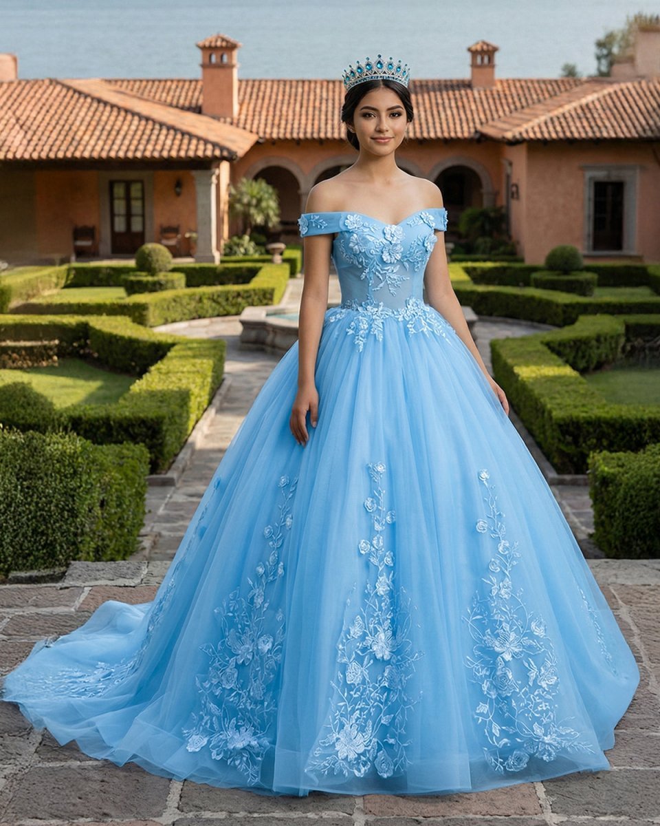 Sky Blue Tulle 3D Flowers Quinceanera Dresses With Train - Curvevia